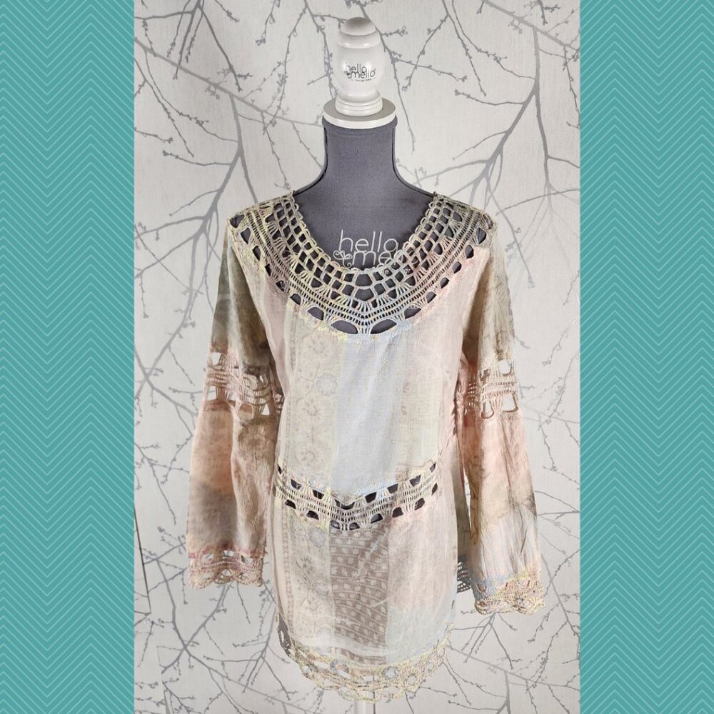 Lapis Iridescent Printed Lace Crochet Detail Tunic